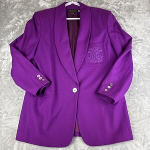 Vintage Classiques 100%‎ Wool Blazer Womens L Fuchsia Purple Embroidery (1105)